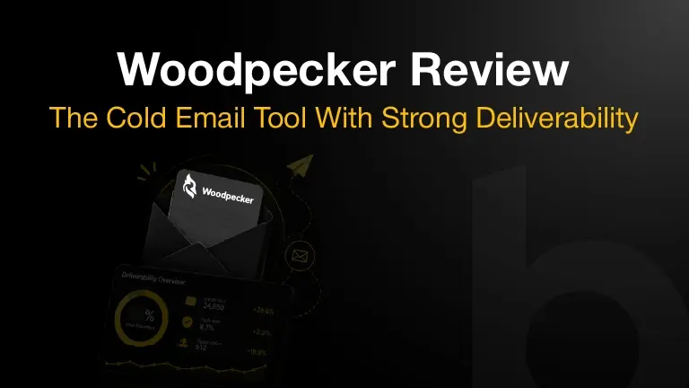 Woodpecker cold email review cover with deliverability analytics and outreach visuals.